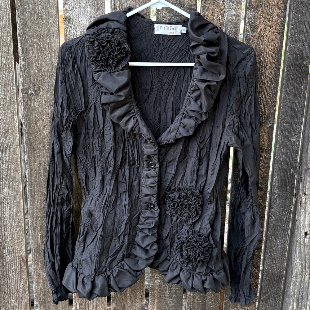 Pile Ou Face Paris Rosette Embellished Crinkle Ruffle Blazer Jacket Bkack Sz 8